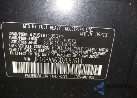 2013 Subaru Impreza 2.0I from USA, damaged, VIN JF1GPAA63D2887614